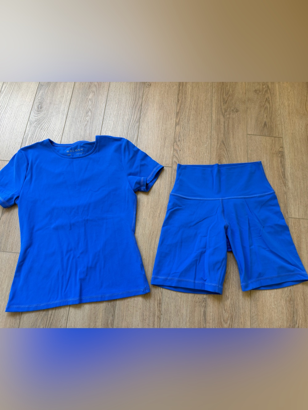 Aritzia Golden Jazz Blue Butter T Shirt and Biker Shorts 7”